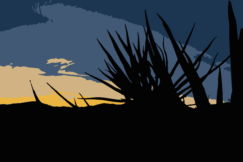 Agave at dusk: spiky agave leaves silhouetted against a dusk sky, in 5 flat colors.
