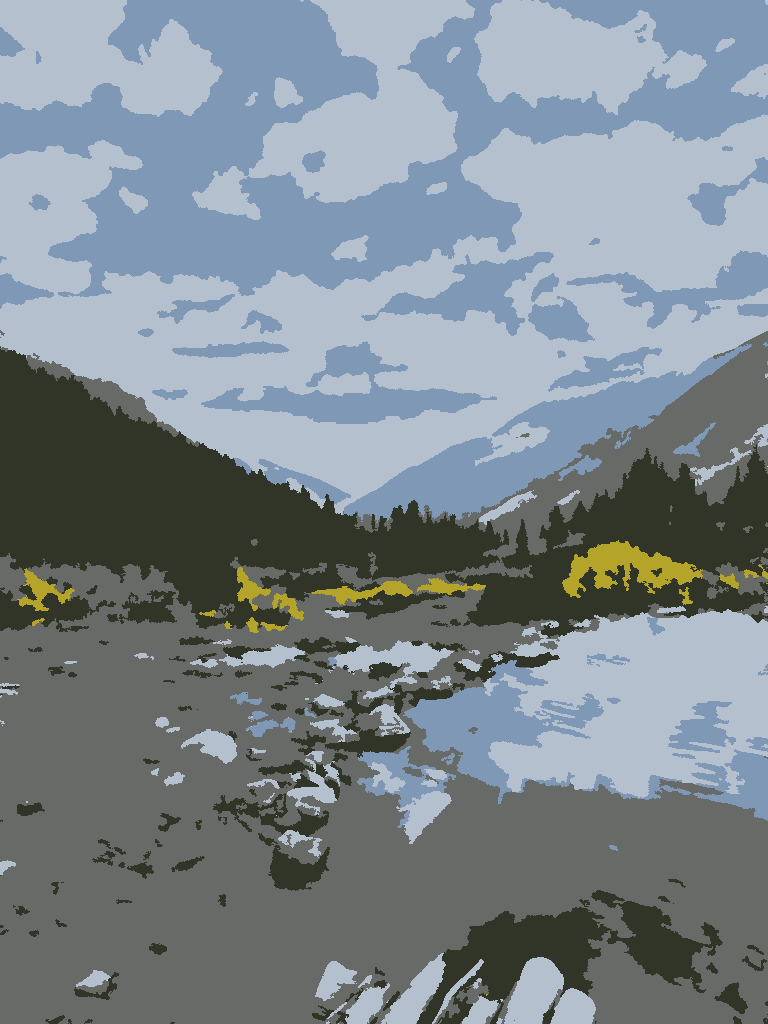 Valley stream: a stepping-stone stream reflecting clouds, in a long mountain valley, in 5 flat colors.