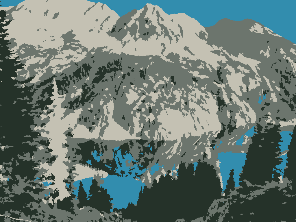Alpine lake: a turquoise alpine lake beneath grey granite peaks and pines, in 4 flat colors.