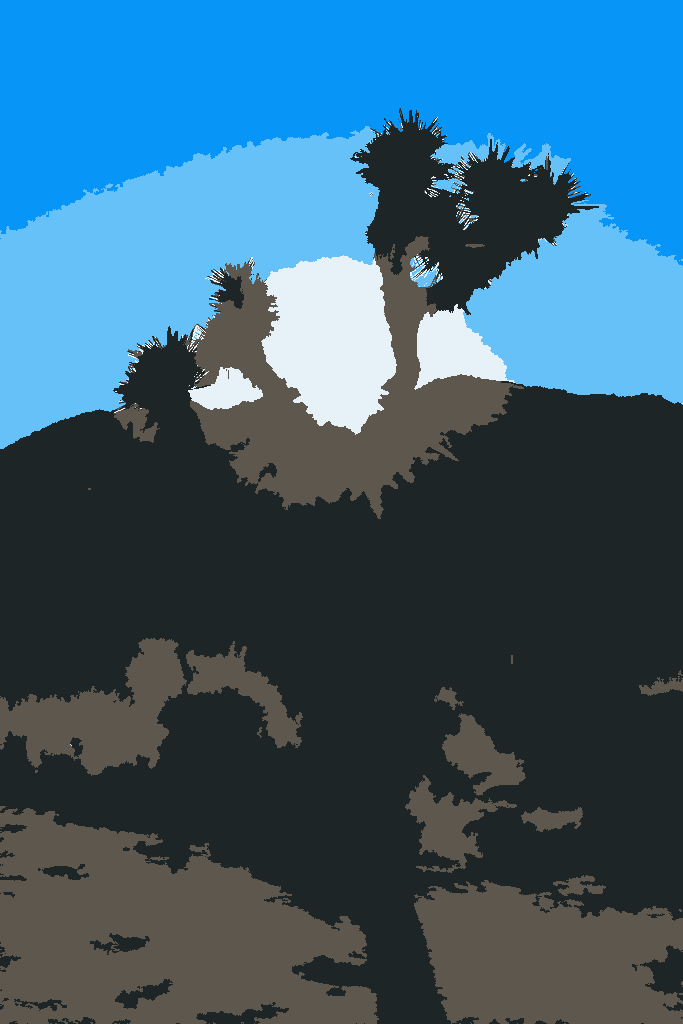 Joshua tree: a Joshua tree silhouetted against the sun on a desert hillside, in 5 flat colors.