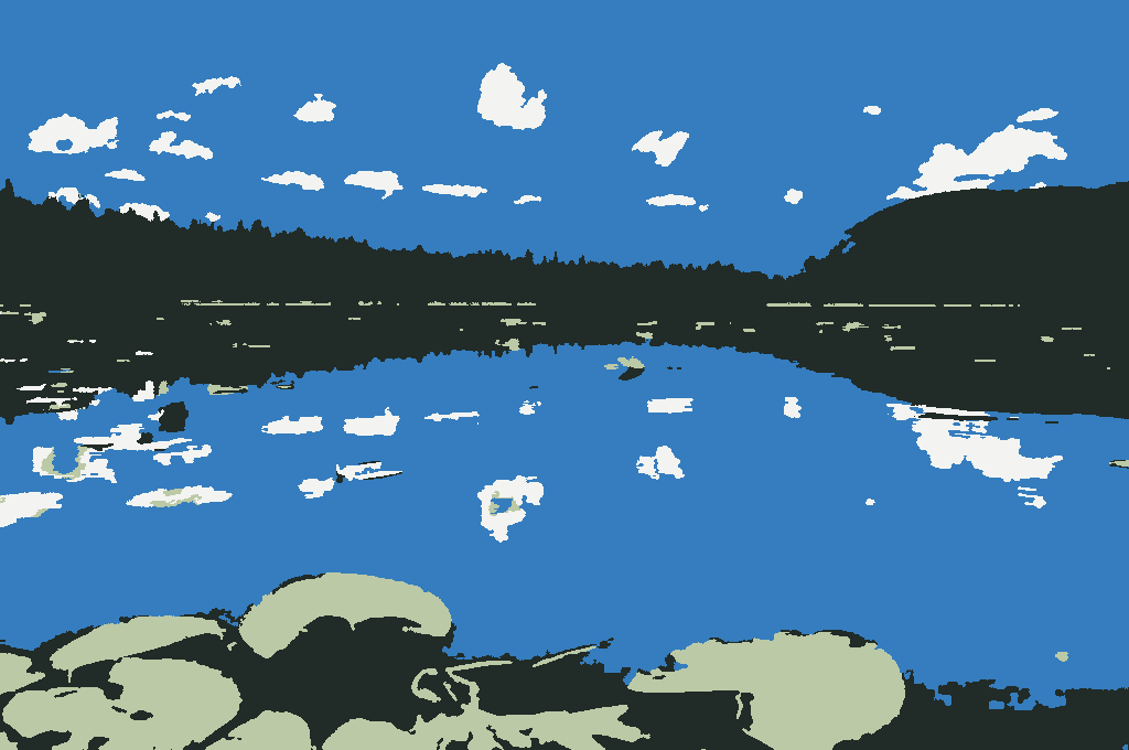 Lily pads: lily pads on a still lake reflecting clouds, with mountains beyond, in 4 flat colors.