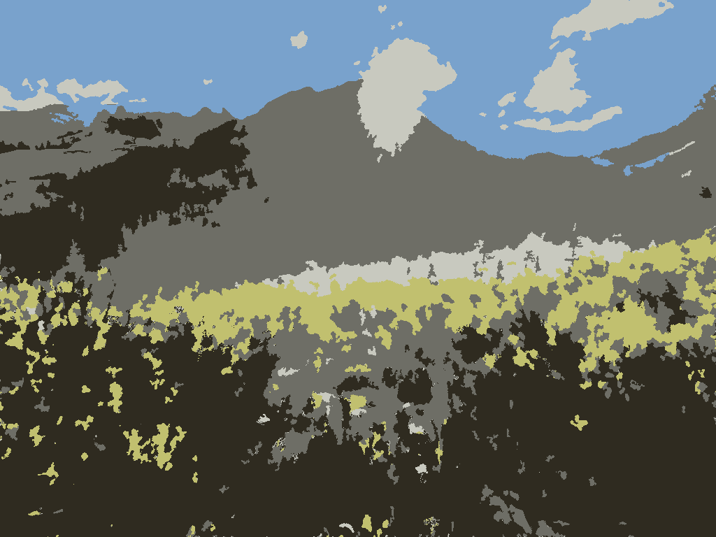 Morning light: the sun cresting a mountain above misty willows, in 5 flat colors.