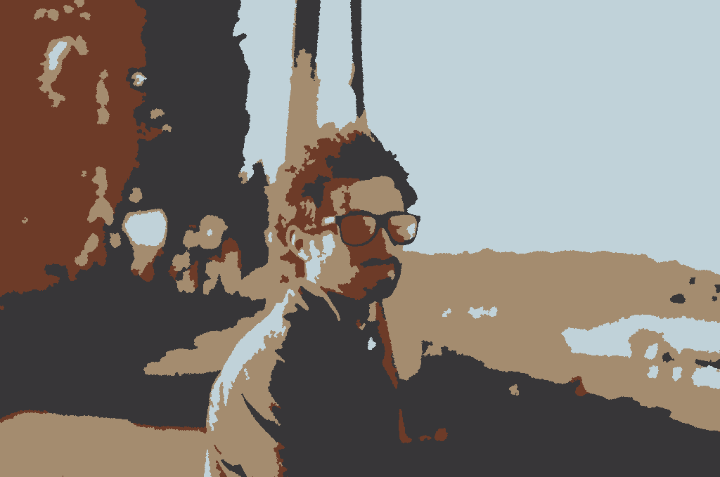 The same portrait reduced to four flat colors by PLAyered.