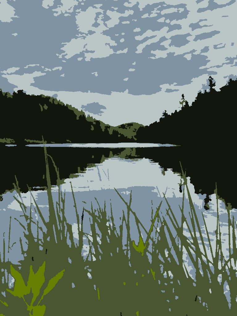 Reeds: tall reeds in front of a calm reservoir under a mottled sky, in 5 flat colors.