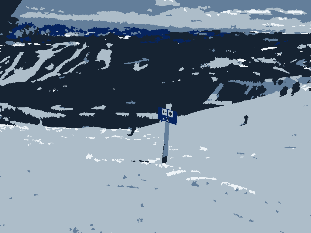 Top of the run: a snowy ski run above a valley of trails and mountains, in 5 flat colors.