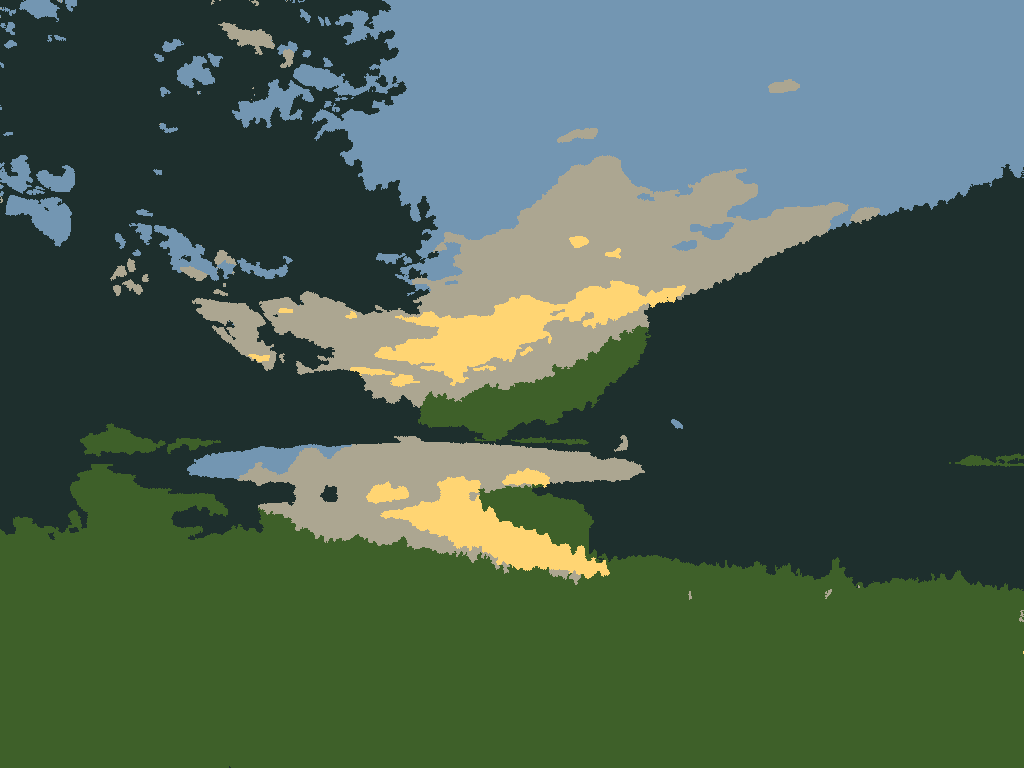 Sunset at the lake: the sun setting behind a forested ridge, reflected in a still lake with a pine in front, in 5 flat colors.