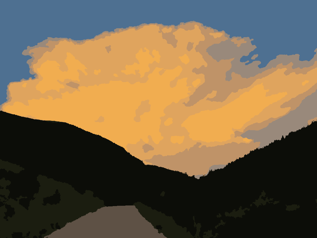 Thunderhead: a towering golden thunderhead over a dark ridge and a dirt road, as processed by PLAyered at the selected detail level.