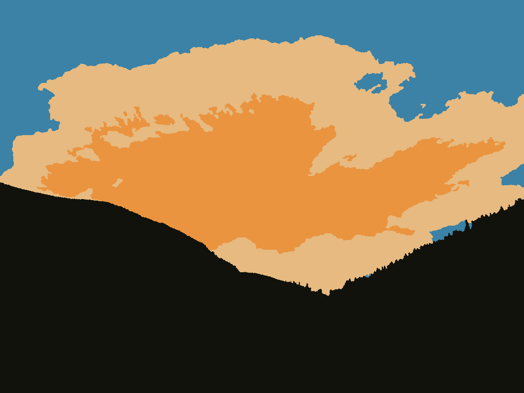Thunderhead: a towering golden thunderhead over a dark ridge and a dirt road, in 4 flat colors.