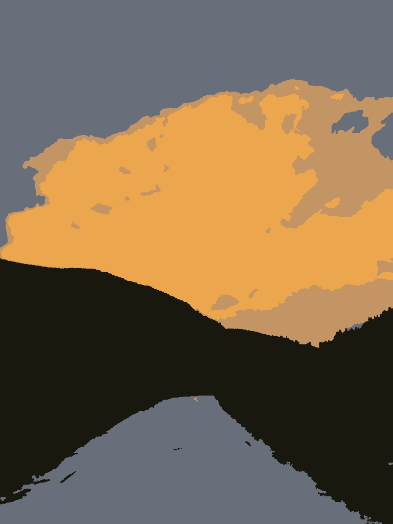 Cloud study: a tall sunlit cloud above a dark mountain ridge, in 4 flat colors.