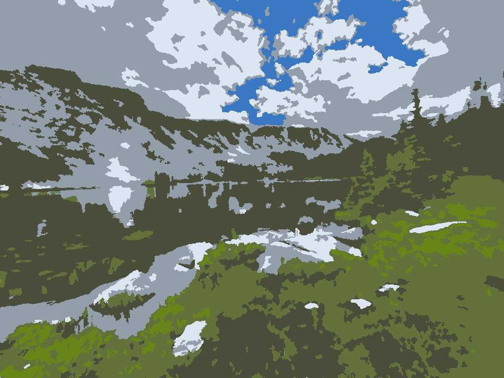 Diamond Lake: a clear mountain lake with grassy rocks in front and a high ridge behind, in 6 flat colors.